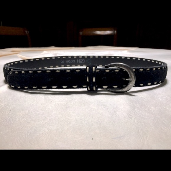 Black real suede leather belt witb white stich details on both edges 85 cm S-M - Picture 7 of 8